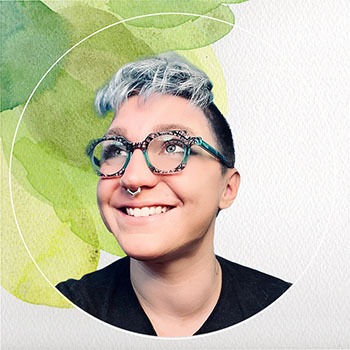 Soren, a nonbinary person with short gray hair and pale skin, wearing glasses and a black shirt, smiling brightly with an upturned face, radiating sparkling optimism