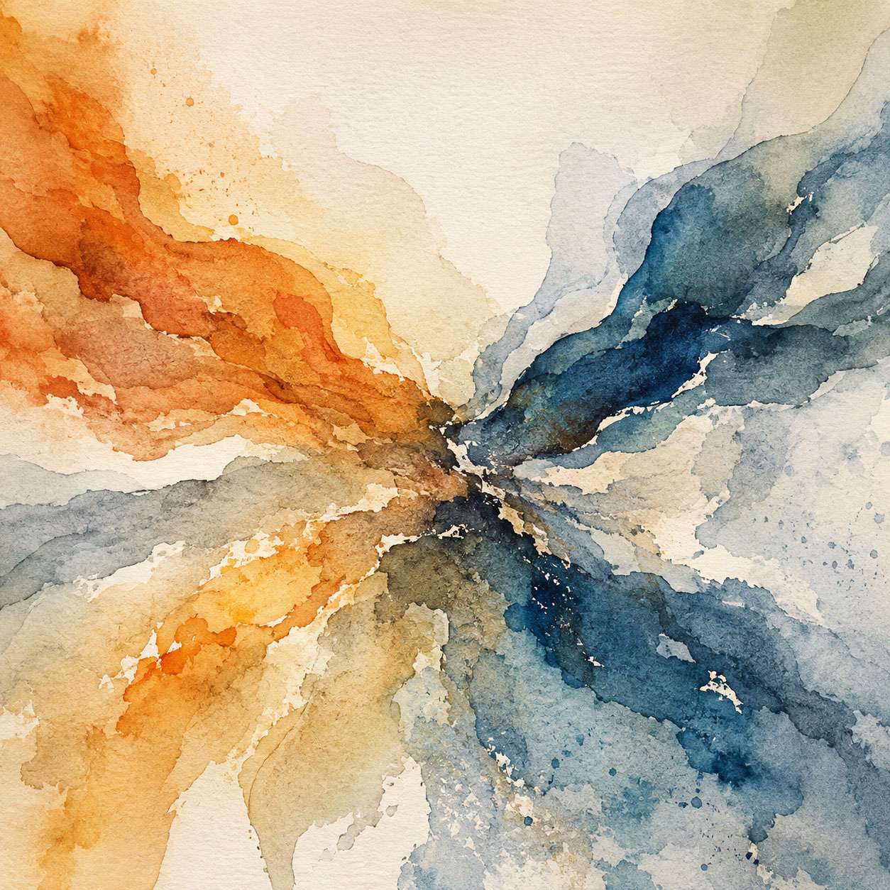 A watercolor in burnt orange and indigo blue. Abstract patterns converging towards the center. Somewhat like rivers converging, forming that space between.
